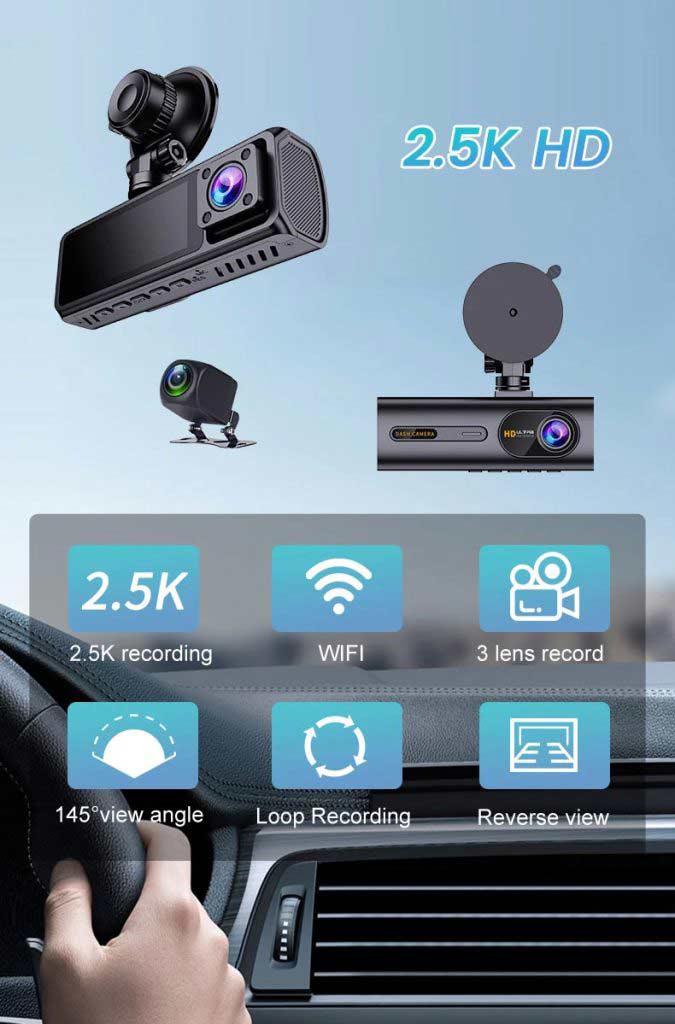 دوربین خودرو 2.5K وای فای دار 3 دوربین T9 PRO 1 دوربین ثبت وقایع هوشمند T9