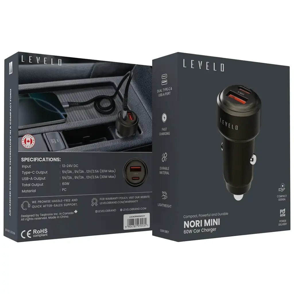Levelo-Nori-Mini-60W-Car-Charger---Gun-Grey شارژر فندکی لِولو مدل LEVELO NORI MINI 60W LVLNORI60WCCGGY - Image 1