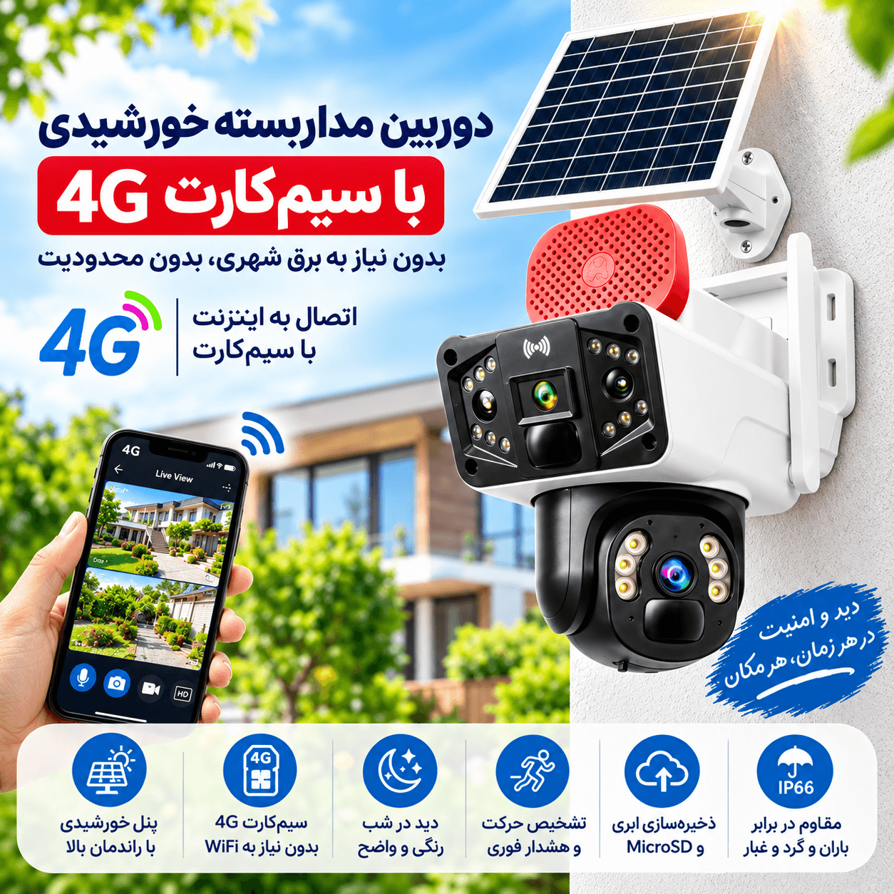 دوربین اسپیددام سیم کارتی خورشیدی دولنز رنگی (1) دوربین مینی اسپیددام دو لنزه سولار سیمکارتی Okam TP33 - Image 1